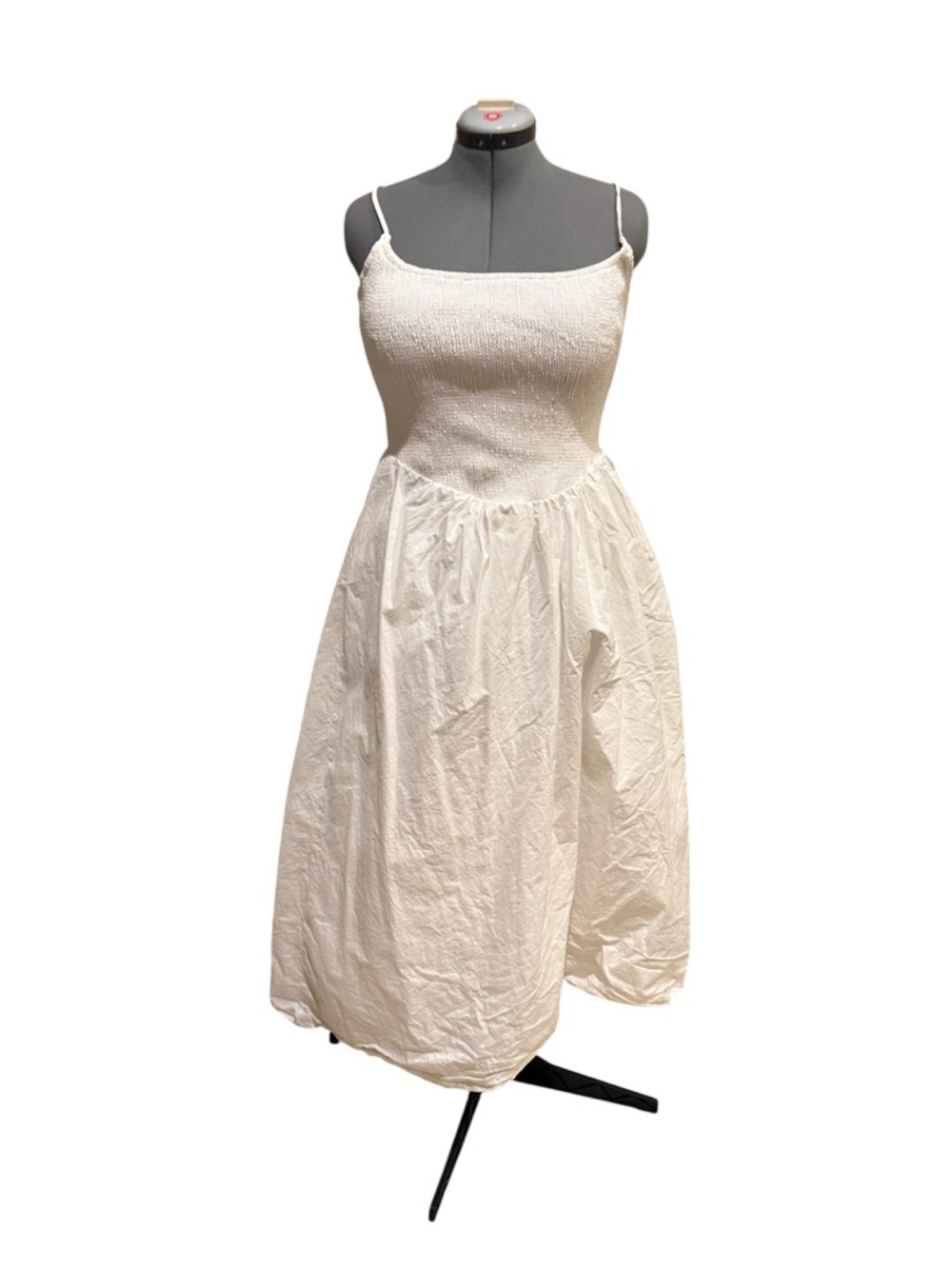 DISSH White Smocked Bodice Midi Dress with Spaghetti Straps Graduation Bridal